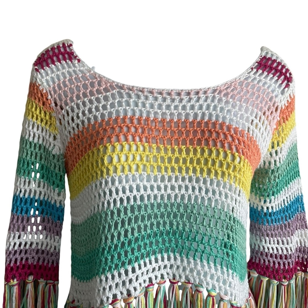 Rainbow Crochet Fringe‎ Crop Top Women XS Open Knit Festival Boho Hippie Y2K